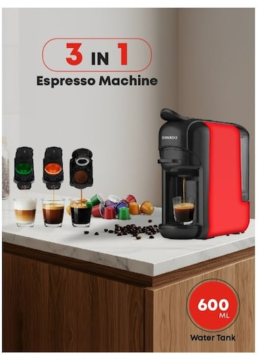 TORNADO 3 In 1 Multifunction Espresso Coffee Automatic Machine - With 600ml Detachable Water Tank 7 Optional Water Levels And Auto Shut Off Options 19 Bar Black/Red