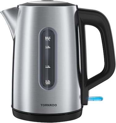 Tornado Stainless Steel Electric Kettle 1.7 Liter, 2200W, 360&deg; Rotational Base, Strix Control, Silver-TKE01411-GS