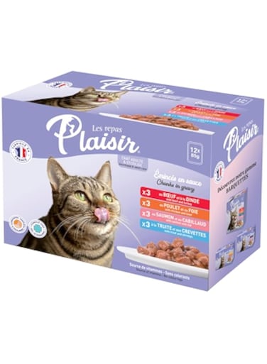 Plaisir Cats Chunks in Gravy 12 Pouches of 85g Pet Food Variety Pack, Wet Cat Food - Includes Chicken and Liver, Beef and Turkey, Salmon and Cod, Trout&amp;Shrimps Veterinary Formulated for Cat Health