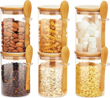 Set of 6 Pcs Glass Storage Jar with Bamboo Lids and bamboo Spoon, Airtight Food Jars Kitchen Food Storage Containers For Serving Tea, Coffee, Flour, Sugar, Candy, Cookie, Spice