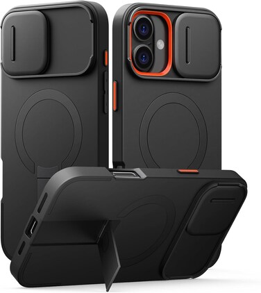 Suritch Magnetic Case Compatible with iPhone 16 Plus, ShockProof Protective Cover with Slide Camera Cover and Adjustable Kickstand(Black)