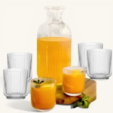 Glass Jug Water Pitcher 1.6L - Water and Juice Glasses Set of 6   Glass Pitcher Set Jug, Glasses Tumbler Cups