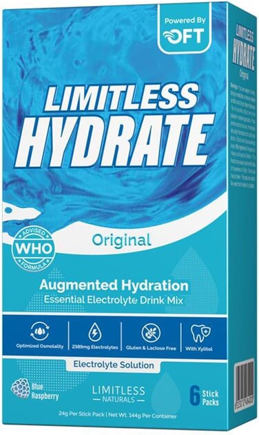 Limitless Hydrate Original &ndash; 6 Oral Rehydration Sticks &ndash; WHO-Compliant Electrolyte Formula with Osmo-Flow &ndash; Blue Raspberry Flavor &ndash; With Xylitol.