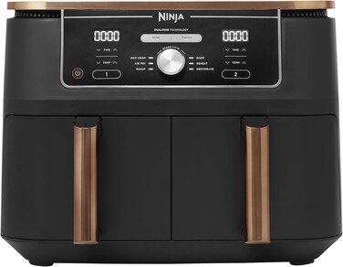 Ninja Foodi MAX Dual Zone Air Fryer,Tongs, 2 Drawers, 9.5L, 6-in-1, Use No Oil, Air Fry, Max Crisp, Roast, Bake, 8 Portions, Nonstick Dishwasher Safe Baskets, Copper/Black AF400UKCP