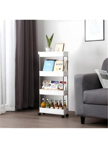 Cozy Nest 4Tier Slim Rolling Kitchen Trolley Cart Storage Organizer with 4 Hooks,Wheels for Mobility,Water derange Functional Shelves for Bathroom,Office,Bedroom(Narrow 4 Tier White)