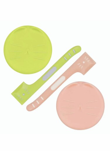 Dog Cat Can Covers and Spoons Set Cute Cat Shaped Lids with Right Angle Spoons Universal 1 Fit 3 Size Can Lids Pet Food Can TopsGreen and Pink 2 Pack