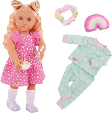 دمية جيليان التفاعلية من جيلنا مع فستان وردي وملابس بيجاما بألوان قوس قزح