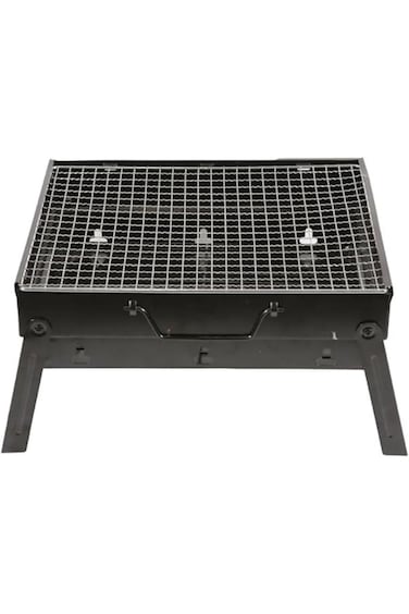 Compact, foldable charcoal grill in black&mdash;perfect for camping, picnics, and outdoor BBQ fun.