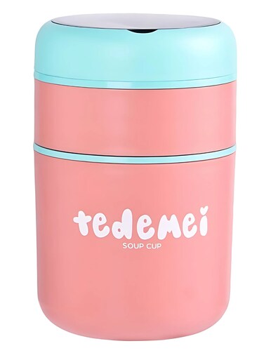 Double Soup Bowl Insulated Lunch Container Thermos Steel Food Jar with Spoon Stainless Steel 2 Compartment Leak Proof Airtight Lunch Container for Hot and Cold Food 710ml (Pink)
