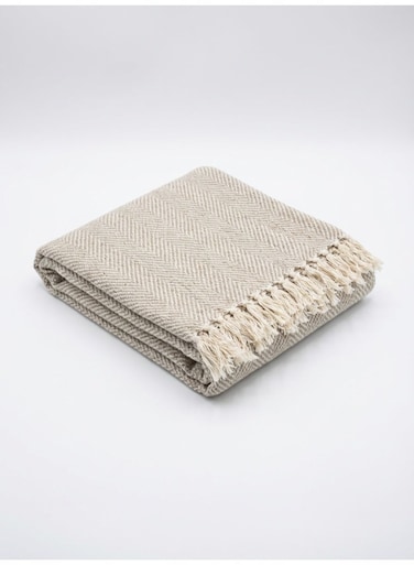 130 x 160 cm 100% Cotton Beige Herringbone Horizontal Throw Blanket for Sofa and Bed, Premium 400GSM Soft Fringed Boho Couch Cover