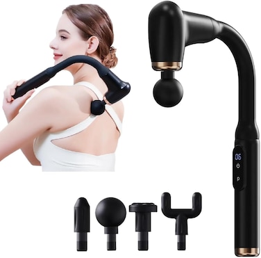 Deep Tissue Back &amp; Muscle Massager with Long Handle &ndash; Handheld Electric Massage Gun with LCD Display, 4 Heads &amp; Multi‑Speed Settings &ndash; Pain Relief for Neck, Shoulders, Back &amp; Feet (Black)