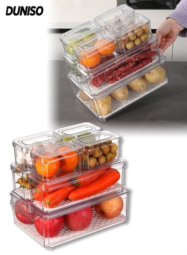 7 Pack Plastic Food Storage Containers, Stackable Fridge Organizer with Lids and Drain Tray, BPA-Free Produce Fruit Storage Containers for Fridge, Clear for Food, Drinks, Vegetable