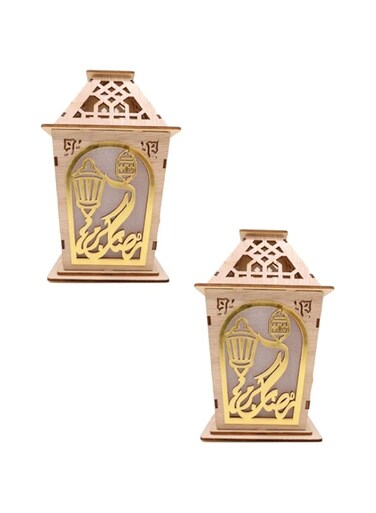 YU WELL Ramadan Eid Mubarak Hanging Table Top Wooden LED Lantern for Ramadan Festival Night Indoor and Outdoor Home and Office Decoration (Wooden-1- 2Pc)