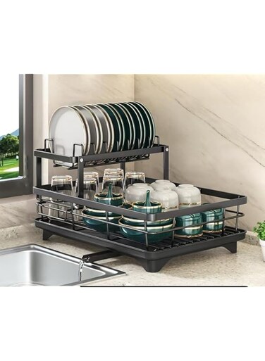 Kitchen dish rack with drainer, carbon steel kitchen cutlery storage rack, black drainer, two-tier kitchen cutlery drying rack, kitchen countertop storage rack