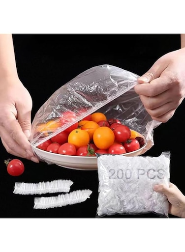200pcs Disposable Food Cover Plastic Wrap Elastic Fresh Keeping Bags Food Lids For Fruit Bowls Cups Stretch Lids for Containers Caps Fridge Storage Kitchen Transparent Saver Bag