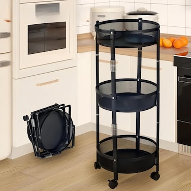 3 Tier Foldable Utility Rolling Cart with 360&deg; Lockable Wheels,Collapsible Metal Storage Organizer Trolley for Kitchen, Bathroom, Office &amp; Home, No Assembly Needed (black)