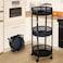 3 Tier Foldable Utility Rolling Cart with 360&deg; Lockable Wheels,Collapsible Metal Storage Organizer Trolley for Kitchen, Bathroom, Office &amp; Home, No Assembly Needed (black)