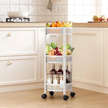 3 Tier Foldable Utility Rolling Cart with 360&deg; Lockable Wheels,Collapsible Metal Storage Organizer Trolley for Kitchen, Bathroom, Office &amp; Home, No Assembly Needed (white)