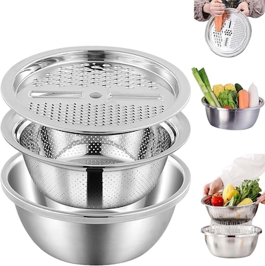 3 in 1 Multipurpose Strainer Drainer Cutter Colander,Stainless Steel Cheese Grater &amp; Salad Maker,Kitchen Drain Basket Set for Washing Fruits and Vegetables