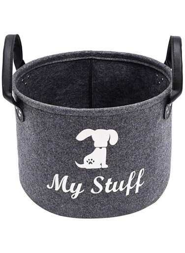 TOMVAES Pet Toy Basket, Dark Gray Round Dog Toy Box, Fiber Felt Puppy Kitten Toy Storage Bin, Kids Toys Organizer With Handles, Toys Blankets Leashes Buckets, Shopping Fruit Vegetable Bag, 32*23cm