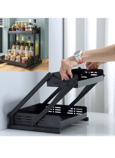 Tycom Pull Out Spice Rack Organizer For Countertop and Cabinet,Standing Shelf Jars Storage Holder, Foldable Seasoning Shelf Organizer for Kitchen Storage,2 Layer Black.