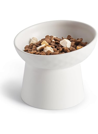 YauYik Small Raised Cat Bowls, Ceramic Tilted Elevated Food or Water Bowls, Stress Free, Backflow Prevention, Dishwasher &amp; Microwave Safe, Lead &amp; Cadmium Free, White