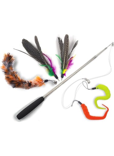 Ownfume Cat Toys Wand Retractable Interactive Feather Teaser Kitten Toys with Bell, 5pcs Refill Feathers,Cat Toys Accessories for Indoor Cats