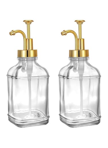 Coffee Syrup Dispenser for Coffee Bar Accessories, Coffee Pump Dispenser, Antique Design Glass Syrup Bottle Pump, Maple/Coffee Syrup Bottles,18Pcs Labels, 17oz 500 ml, 2 PCS Soap Dispenser Home Decor
