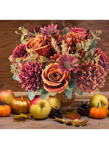 Purfex Artificial Fall Flowers Fake Roses Silk Bouquets with Hydrangea Autumn Faux Flowers  1 Bundle Arrangements for Home Fall Wedding Table Centerpieces Party Decor (Orange+Red)