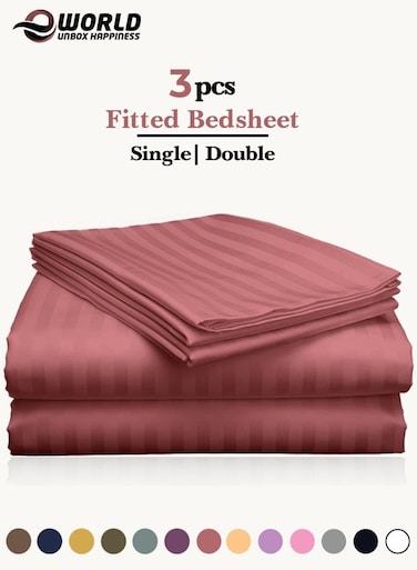 3 Piece Luxury Maroon Striped Bed Sheet Set with 1 Deep Pocket Fitted Sheet and 2 Pillowcases for Hotel and Home Crafted from Ultra Soft and Breathable Microfiber for Year-Round Comfort, (Single/Double)