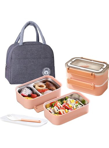 Pow Stainless Steel Lunch Box - Insulated Bento Box Multifunctional Containers Food Containers with 2 Compartments,Tableware, Nylon insulation bag (1.6L Pink)