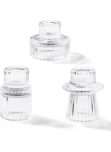 Tazweeq Glass Candle Holder Set of 3, Tapered Glass Candle Holder, Candle Holder for Table Toppers, for Table Centrepieces, Wedding Decorations and Dinner Party Candle Holder, Clear