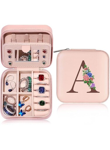 GDTOMEEU Birthday Personalized Gifts for Women Friend Sister, Small Travel Jewelry Case Jewelry Box Jewelry Organizer, Ring Necklace Earring Jewelry Holder Organizer Box with Mirror Letter (A)