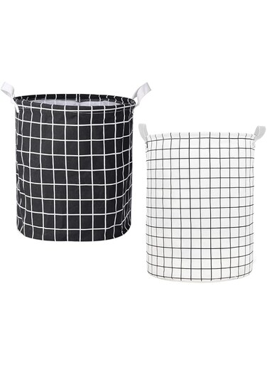 Laundry Basket, 2PCS Waterproof Canvas Fabric Collapsible Laundry Baskets with Handles Dirty Clothes Storage Bin Toy Organizer for Bathroom, Children Bedroom (White &amp; Black Grid)