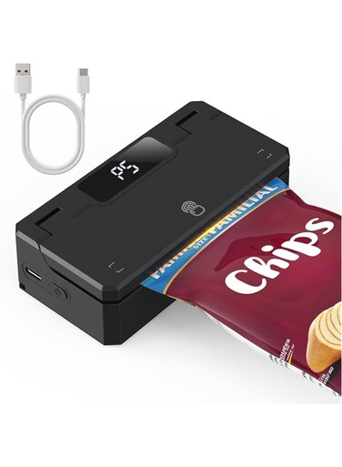 Mini Bag Sealer and Cutter, Handheld Bag Sealer Heat Seal with 5 Seal Time Modes &amp; 3.8" Heating Strip - Rechargeable Chip Bag Sealer - Bag Resealer for Chip Bags, Snack Bags, Plastic Bags - Black