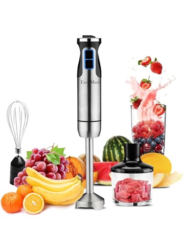 EnvoMart 800W 4-in-1 Hand Blender Set - 2-Speed Stick Mixer with Titanium Plated Stainless Steel Blade, 600ml Mixing Beaker and 860ml Food Chopper, and Whisk Attachment - Kitchen Mixer for Blending