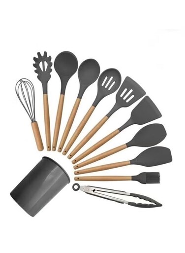 Utensils Set 12 Pcs Silicone Spatula Set for Cooking Baking Decorating, Heat-Resistant Nonstick Tools with Wooden Handles, BPA-Free Durable Easy to Clean, Includes Holder