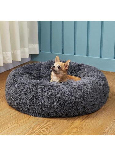KASTWAVE Donut Dog Bed, Cat Bed for Indoor Cats, Cat Calming Bed, Faux Fur Pillow Pet Donut Cuddler Round Plush Bed, Soft Fluffy Warm and Cozy to Improved Sleep, Machine Washable (20in)