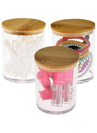 LilGift ARAD 3 Pcs Cotton Ball, Swab, Q-tip Storage, Clear Acrylic Jar Container with Bamboo Lid, Easy Organization on Bathroom Counters, Under Sink Placement or Vanity Tables-3.25" D x 4.5" H