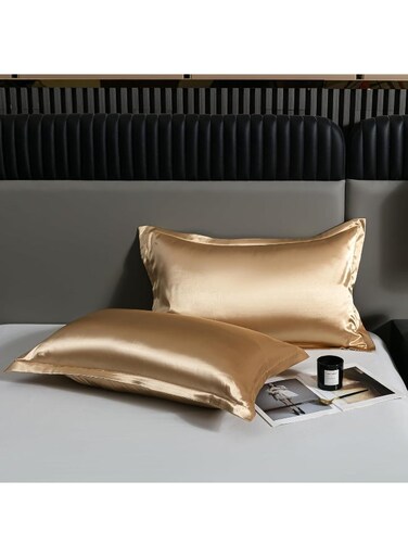 Home Luxurious Mulberry Silk Pillowcase for Restful Beauty Sleep - Hypoallergenic &amp; Smooth Satin Finish- Standard Size 50x75cm, 2pc (Standard, Gold)
