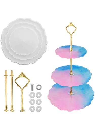 Starthi Resin Silicone Molds Silicone Resin Coaster Mold for Resin Casting Colors Gold Foil Flakes for Resin Coasters Premium 3 Tier Cake Stand Round Display with New Fittings