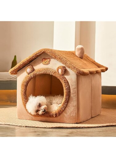 Cute Cat Beds for Indoor Cats, Cozy Foldable Dog Tent Bed, Small Cat Cave Bed with Removable Cushion Pillow, Soft Warm Dog House for Kittens Puppy Small and Medium Dogs(Brown, 15.75 * 13.8 * 15In)