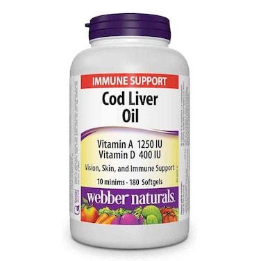 Webber Naturals Cod Liver Oil With Vitamin A &amp; D Softgel Capsules, Pack of 180&rsquo;s