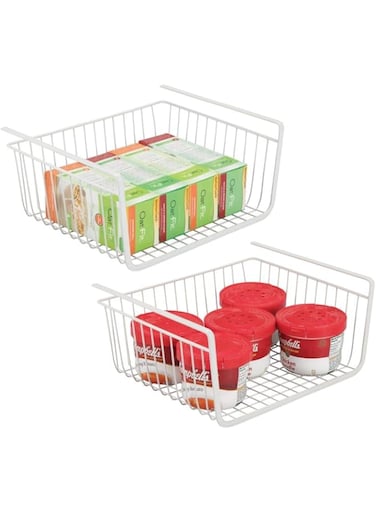 mDesign Household Metal Under Shelf Hanging Storage Bin Basket with Open Front for Organizing Kitchen Cabinets, Cupboards, Pantries, Shelves - Large, 2 Pack - White