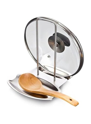 Stainless Steel Spoon Holder &amp; Pot Lid Organizer - Kitchen Storage Rack for Stove, Soup Ladle Rest, and Lid Cover Holder - Space-Saving Kitchen Tool (Silver)