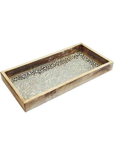 nu steel Mosaic Tray Towel Holder in Natural Wood &amp; Silver Mosaic for Paper Towels, Bathroom Decor, Rolling Tray