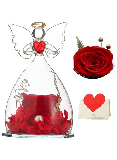 Moonmen Glass Angel Figurines with Real Rose, Preserved Roses That Last for Years   Preserved Flowers   Forever Roses in Glass Dome, Unique Guardian Angel Gifts for Women Mom Grandma Friends Teacher