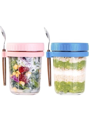 Overnight Oats Containers, with Lids and Spoon, 2 Pack Mason Jars for Overnight Oats, 12 Oz Glass Oatmeal Container, to Go for Chia Pudding Yogurt Salad Cereal Meal Prep Jars