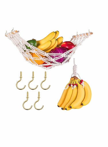 Hanging Fruit Hammock Rack with Hooks - Perfect for Kitchen Cabinets and Fruit Storage