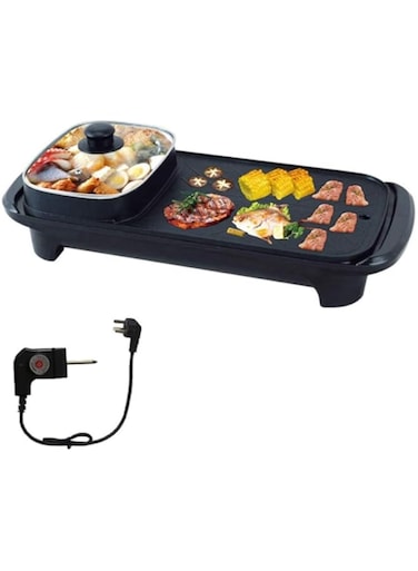 2 in 1 Non-Stick Electric Smokeless BBQ Roasting Pans, Hot Pot (UK Plug)